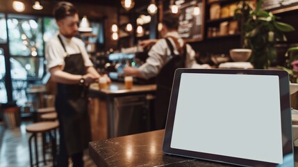 A blank screen mockup on a tablet in a trendy caf?(C), with a barista in the background preparing drinks