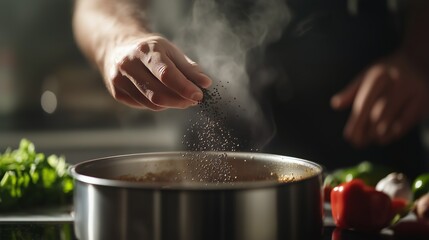 Close-up of a chef's hand sprinkling spices into a steaming pan with fresh vegetables nearby.