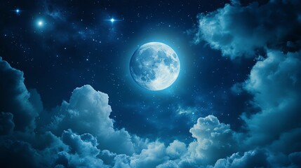 Bright moon shining through a partly cloudy night sky, clear weather, tranquil evening