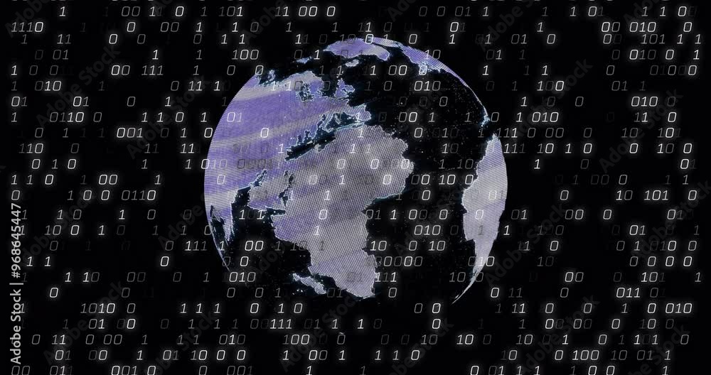 Poster animation of binary coding digital data processing over globe