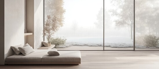 Minimalist interior featuring a sofa on a wooden floor large wall decor and a view of a white landscape through the window Nordic home design 3D illustration