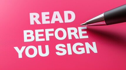 Closeup of a pen next to bold white text READ BEFORE YOU SIGN on a bright pink background as a reminder of caution