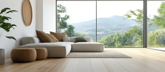 Minimalist living room interior featuring a sofa on wooden flooring decor on an expansive wall and a white landscape visible through the window Nordic design 3D illustration