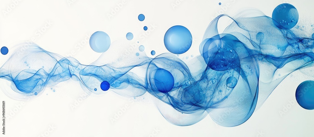 Poster abstract illustration of a random ball stream in cobalt and cyan with flat circle designs on a white