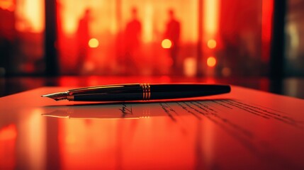 A sleek pen resting on a contract under ominous red lighting suggesting potential legal dangers