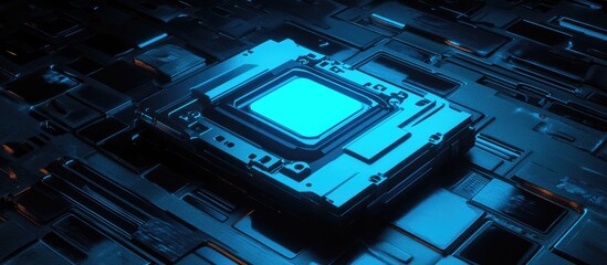 Fototapeta premium 3D rendering of glowing blue mechanical components shaped like a floppy disk set against a black background with reflective floor details