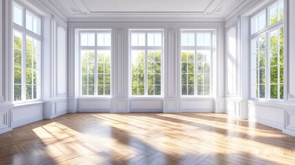Bright spacious room featuring a white ceiling and cornice glossy herringbone parquet flooring three large windows and a white plinth Beautiful sunny interior 3D illustration 8K Ultra HD