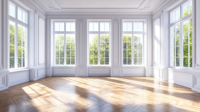 Bright spacious room featuring a white ceiling and cornice glossy herringbone parquet flooring three large windows and a white plinth Beautiful sunny interior 3D illustration 8K Ultra HD