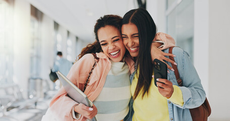 Friends, happy and excited in university for hug, storytelling and good news on phone. Students,...