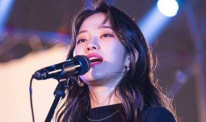 Close-up of cute K-pop female idol singing on stage 