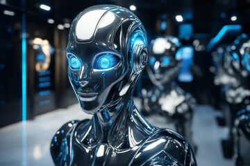 Fototapeta premium Humanoid robots with glowing blue eye. Advanced AI and robotics technology in a Modern Laboratory