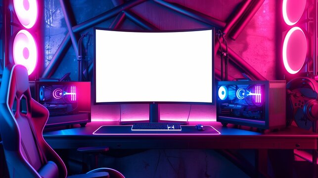 A blank screen mockup on a dual monitor setup in a gaming room with neon lights and a gaming chair