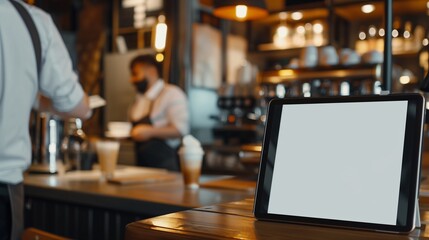 A blank screen mockup on a tablet in a trendy caf?(C), with a barista in the background preparing drinks