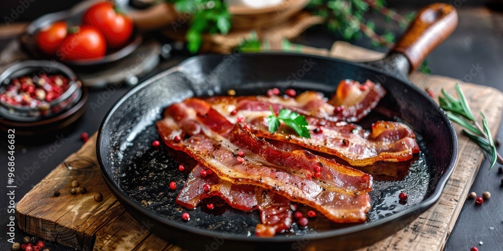 Poster a skillet with a slice of bacon and a platter of crispy bacon for cooking breakfast preparation top 
