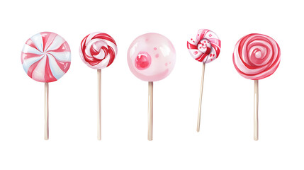 Watercolor red and pink candy lollipop hand painted collection isolated on white background