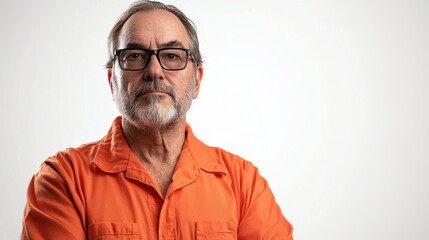 Obraz premium Serious Mid-aged Man in Orange Prison Jumpsuit Isolated on White Background