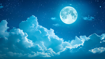 Bright moon shining through a partly cloudy night sky, clear weather, tranquil evening