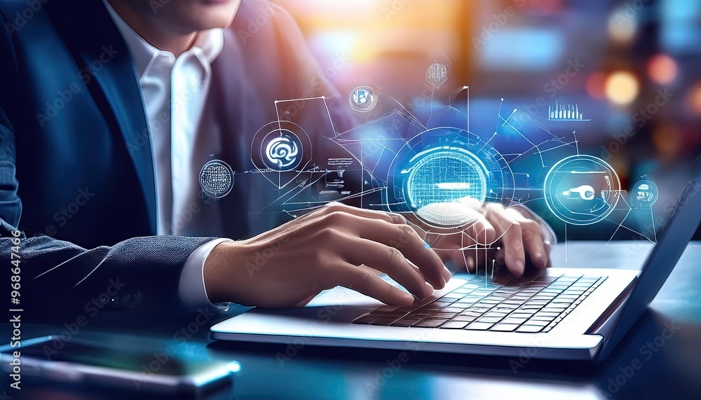 Poster businessmen utilize laptops with productivity icons to run their industries in an effective and effi