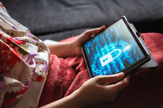 Close-up of encrypted lock on digital tablet screen