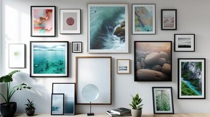 A mockup frame on a gallery wall with a mix of different sized frames and art styles