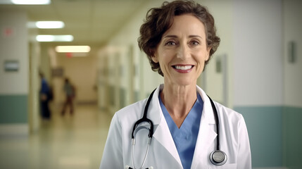 Portrait of a female doctor in a white coat standing in a hospital, looking at the camera and smiling. 