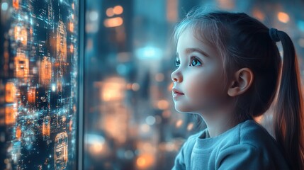 A young girl with blue eyes gazes out of a window at a cityscape lit up with twinkling lights.