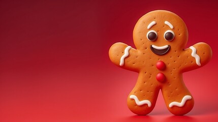 3D Festive Gingerbread Man Cookie on Vibrant Red Background &ndash; Perfect for Holiday Celebrations