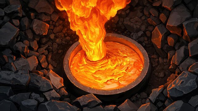 Illustration of a gold refining process with molten gold being poured into molds, surrounded by smelting equipment