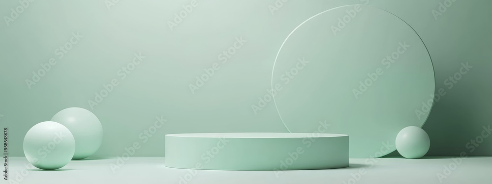 Aufkleber mint green podium with abstract circular shapes against a matching mint backdrop. platform for produ