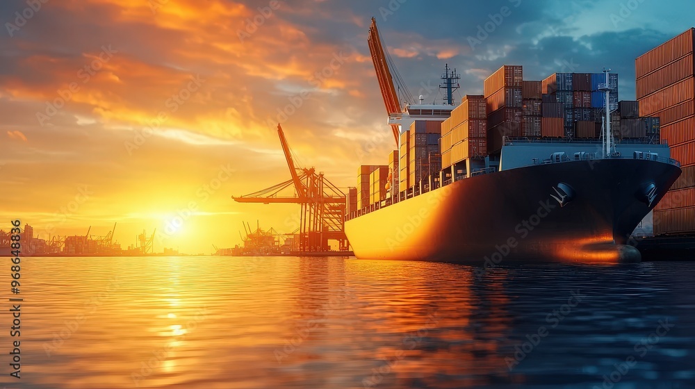 Poster busy shipping port during peak hours multiple cargo ships loading and unloading