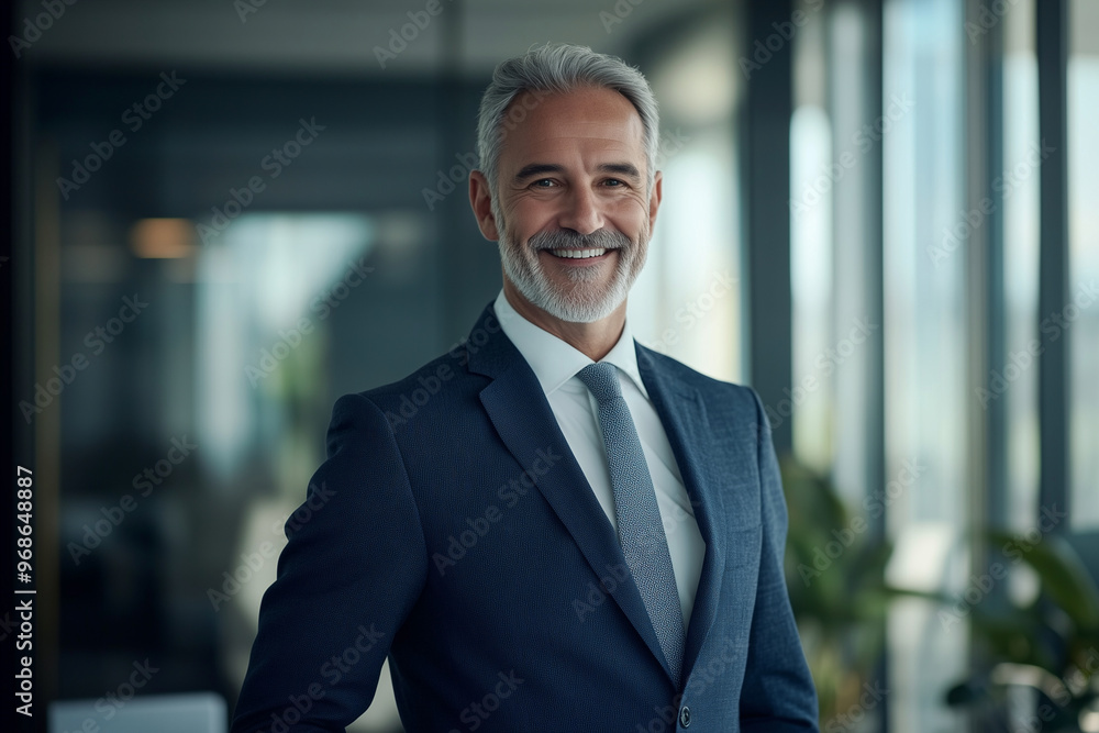 Poster man in a suit is smiling and standing in front of a window. he is wearing a blue jacket and a white 