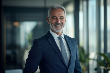 Fototapeta premium man in a suit is smiling and standing in front of a window. He is wearing a blue jacket and a white shirt