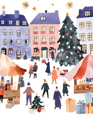 Obraz premium Cartoon Christmas market with festive stalls and twinkling lights. Christmas night fair