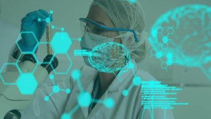 Animation of data processing and human brains over caucasian female scientist in laboratory - Powered by Adobe