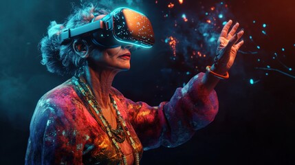 A senior woman wearing a VR headset with a colorful outfit interacts with a digital world.  The background has blue and orange lights with smoke particles.
