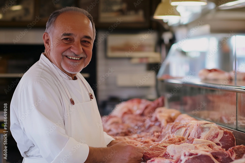Aufkleber man in a white apron stands in front of a meat display, smiling. he is surrounded by various cuts of