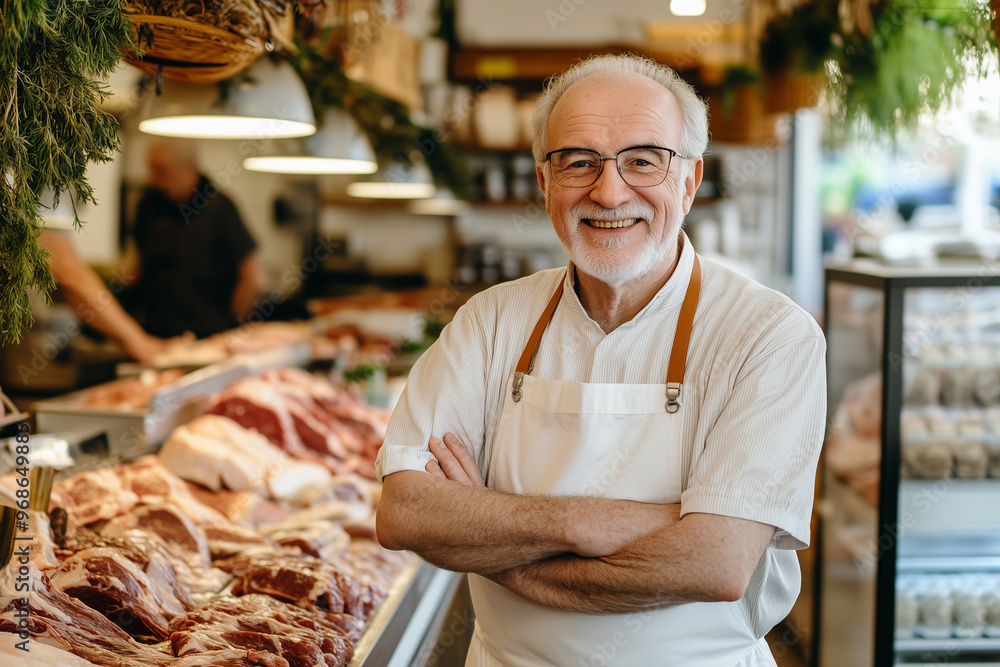 Aufkleber man in a white apron stands in front of a meat display, smiling. he is surrounded by various cuts of