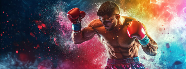 Muscular young male boxer in action, surrounded by vibrant colored smoke, showcasing intensity and focus.
