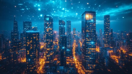 AI-managed energy-efficient smart buildings with automated controls: Futuristic buildings optimizing energy use through AI-driven systems.