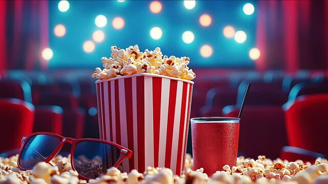 Popcorn bucket, soda cup and 3D glasses, cinema objects