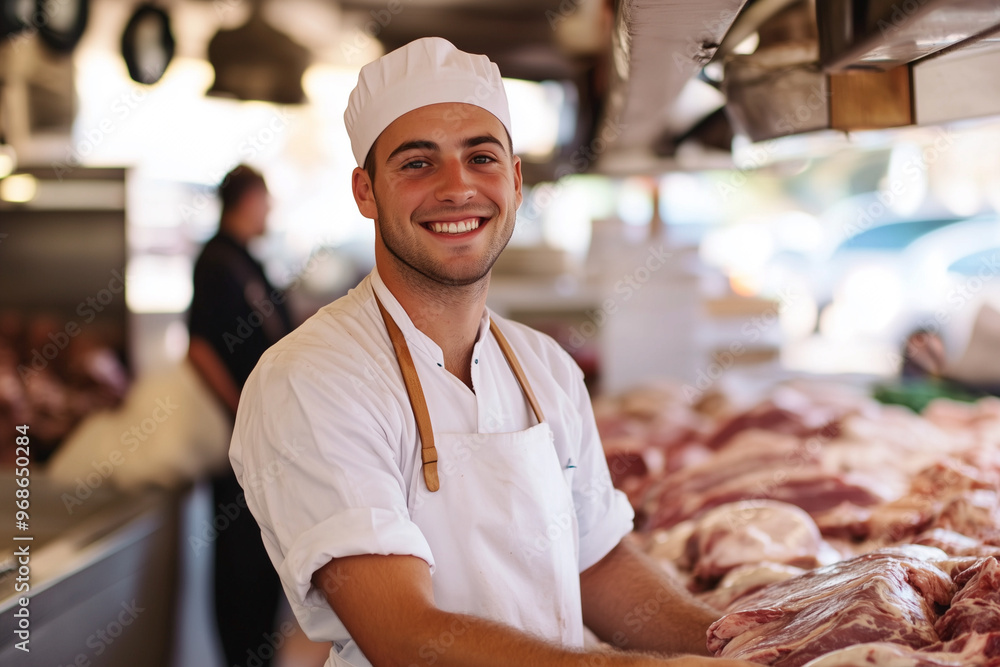 Poster smiling butcher stands behind a meat counter. he is wearing a white hat and apron. there are several