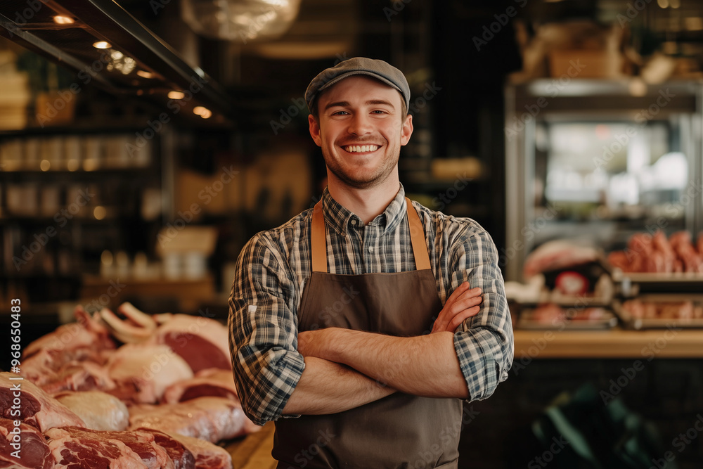 Aufkleber man is smiling and standing in front of a meat counter.