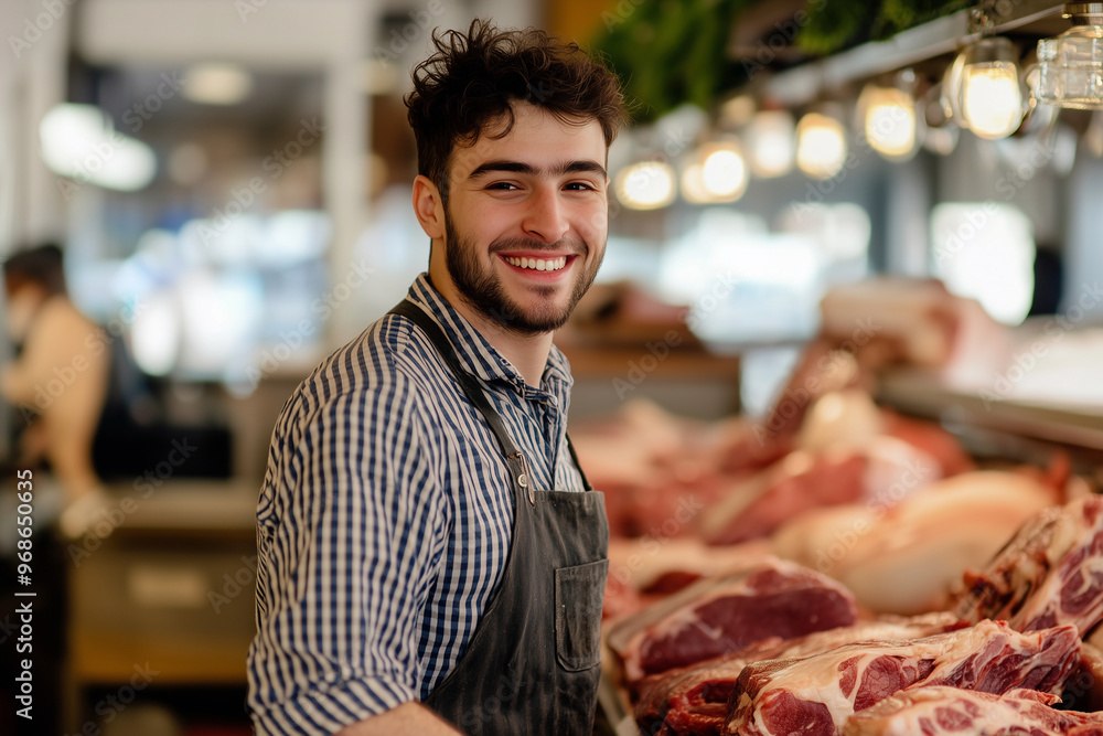 Aufkleber man is smiling and standing in front of a meat counter.