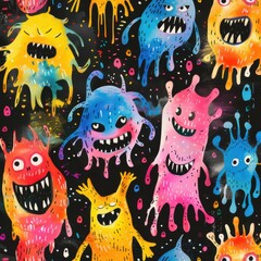A colorful painting of various monsters and sea creatures, including octopuses