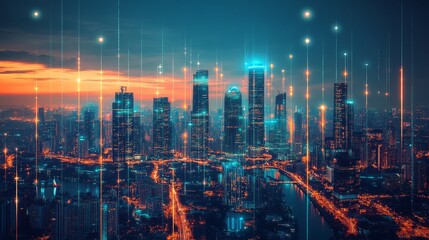Fototapeta premium AI-managed green energy grids in futuristic cities: A city skyline with power grids controlled by AI to optimize energy usage.