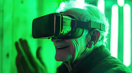 A senior man wearing a VR headset smiles while interacting with a virtual world, illuminated by green light.