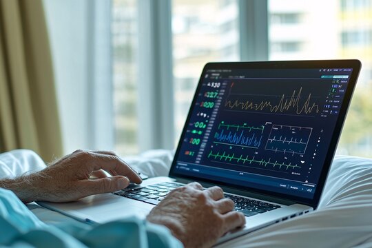 Senior man using laptop in bed with medical monitor on screen.