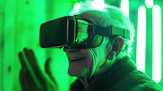 A senior man wearing a VR headset smiles while interacting with a virtual world, illuminated by green light.
