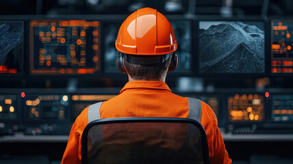 Modern mine manager in a control room, surrounded by screens displaying mining operations and geological data