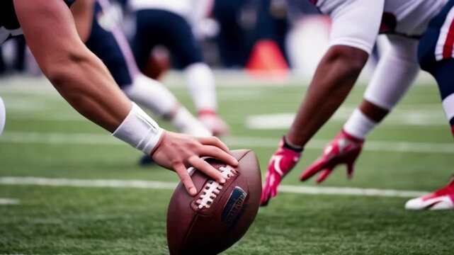 Close-up of a male player preparing to snap a football on a grassy field during an intense game The tension is palpable as teammates await the play created with generative ai